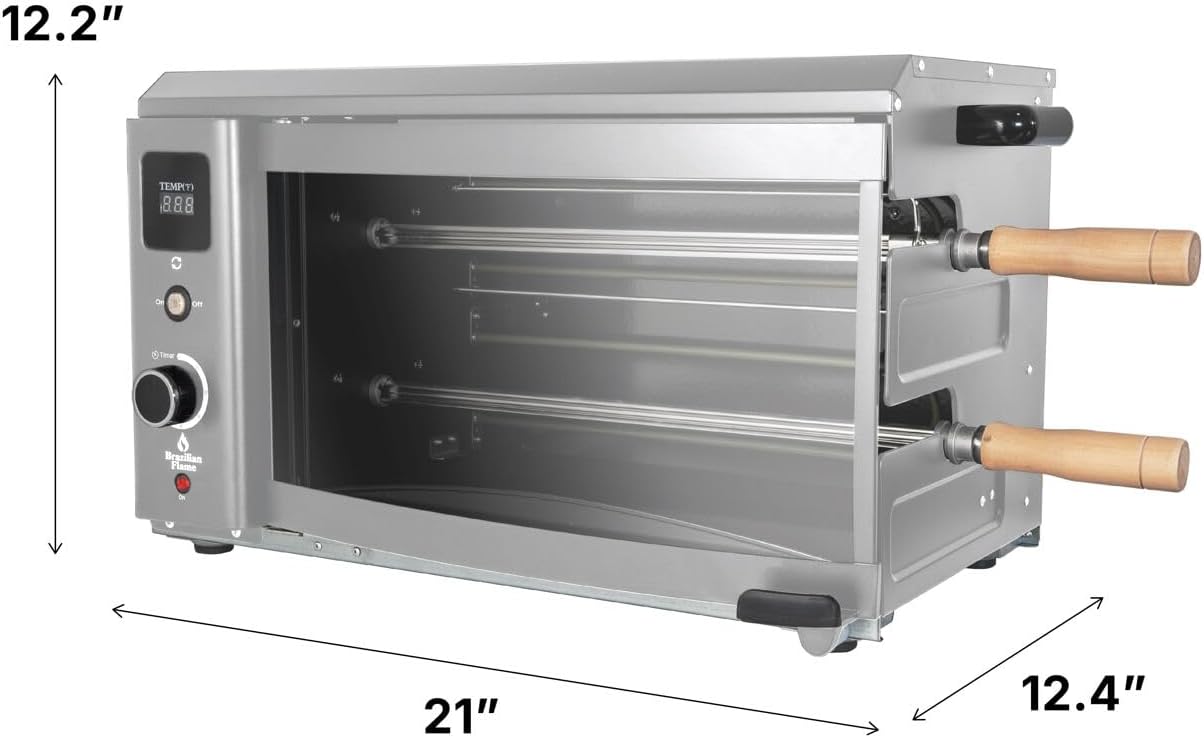 Brazilian Flame Indoor or Outdoor Rotisserie Grill Roaster with 2 Auto Rotating Skewers for Rotisserie Chicken, Steak, Fish, Brazilian Style BBQ, Electric Rotisserie Oven for Apartment or Home