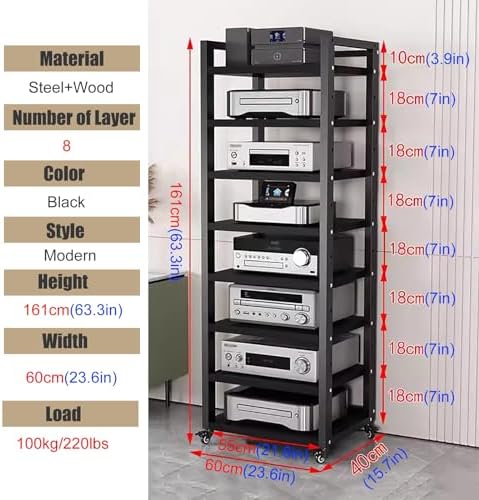 Height-Adjustable HiFi Stand with Wheels - Open Audio Equipment Rack 4-7 Tier Heavy Duty Media Storage Cabinet for DVDs and Hi-Fi Systems-Black-#2-8 tier-60cm Wide