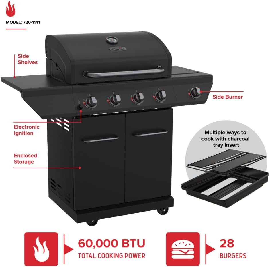 Nexgrill 4-Burner Propane Gas Grill with 2-In-1 Charcoal Tray & Side Burner, Stainless Steel Frame, 626 SQ In Total Cooking Space, 60,000 BTUs, BBQ Grill Perfect for Outdoor Gatherings - 720-1141