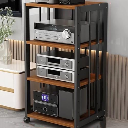 Audio Stand HiFi Rack 2 3 4 5 Tier Media Storage Cabinet with Brake Wheels, Movable Record Player, Game Equipment Console Shelf(Black+White,2 Tier)