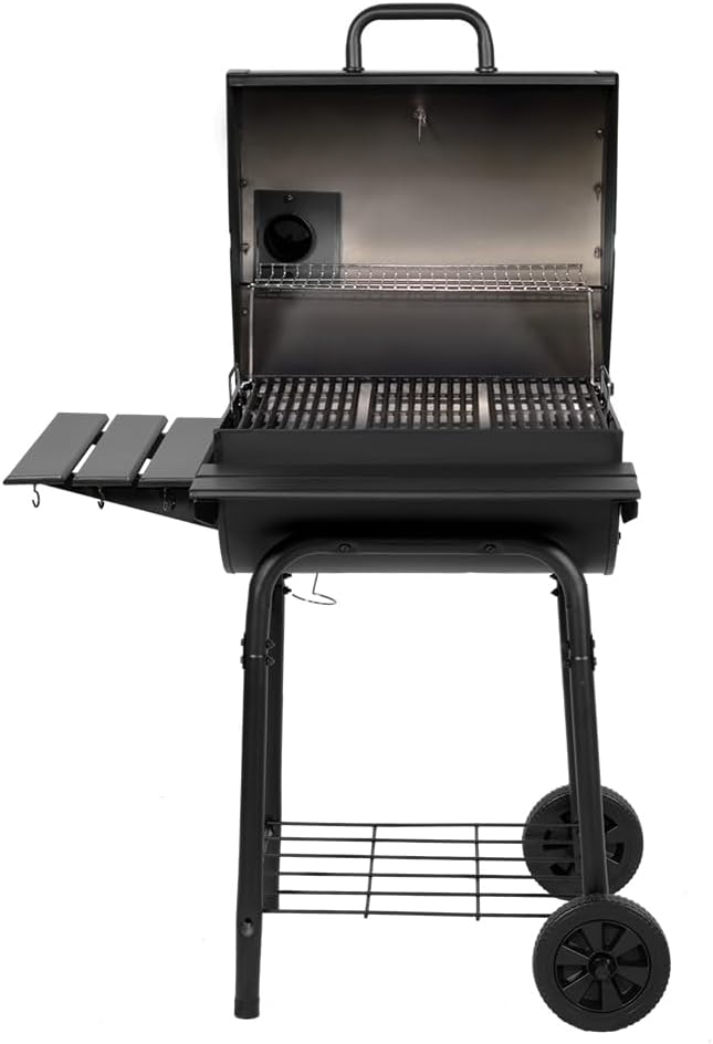 Char-Griller® Wrangler® Charcoal Grill in Black with Metal Shelves, EasyDump™ Ash Pan, Premium Wood Front and Side Shelves with Utensil Hooks, 640 Cooking Square Inches in Black, Model 2823