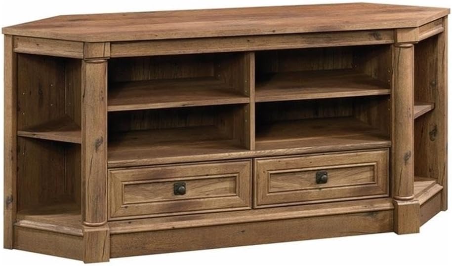 Pemberly Row Corner TV Stand, Engineered Wood, Fits TVs up to 60 in, Vintage Oak Finish, Open Shelving, Adjustable Storage, Drawers with Safety Stops, Cable Management, Space-Saving Design for Living