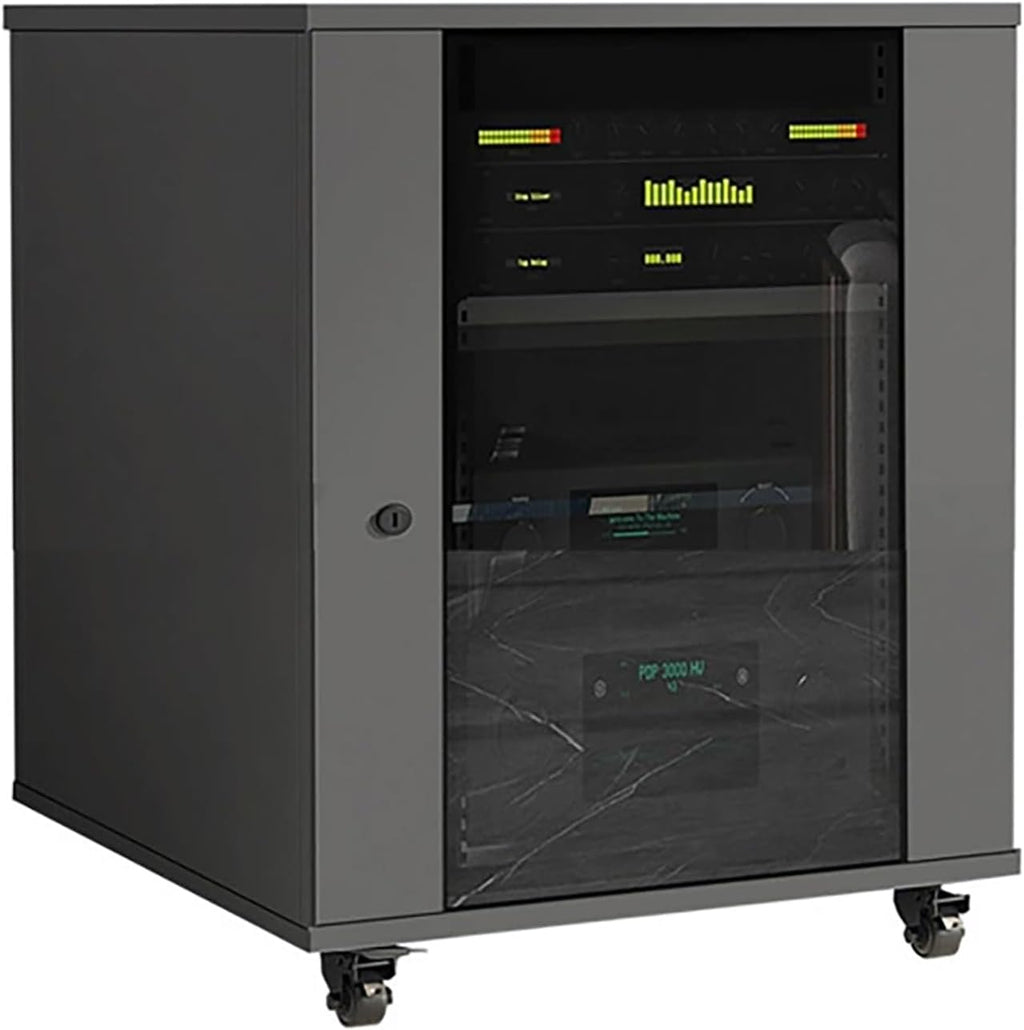 AV Stereo Cabinet with Adjustable Shelves, Movable Media Storage Stand, Audio Rack for TV & Electronics, Gray Glass Door Design (56x57x63cm)