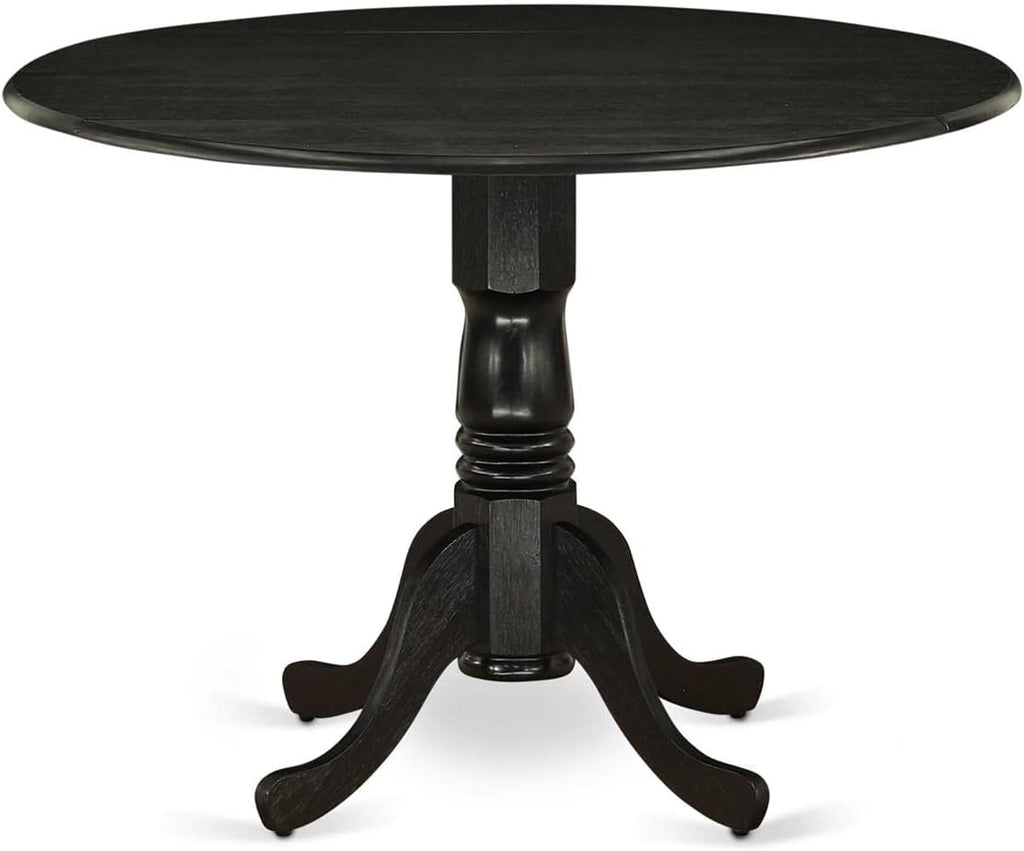 East West Furniture DLSI5-ABK-21 5 Piece Kitchen Table & Chairs Set Includes a Round Dining Room Table with Dropleaf and 4 Blue Linen Fabric Upholstered Chairs, 42x42 Inch, Wirebrushed Black