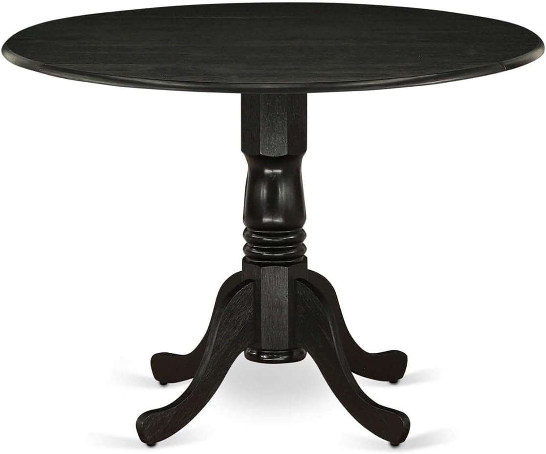 East West Furniture DLSI5-ABK-21 5 Piece Kitchen Table & Chairs Set Includes a Round Dining Room Table with Dropleaf and 4 Blue Linen Fabric Upholstered Chairs, 42x42 Inch, Wirebrushed Black
