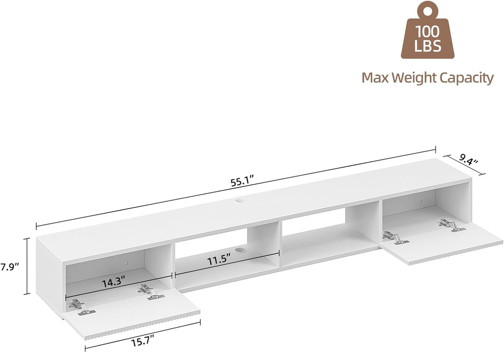 55 inch Plywood Floating TV Stand, Wall Mounted Media Console with Fluted Doors, Mid-Century Modern Entertainment Center, Space-Saving Hanging Cabinet for Living Room,White