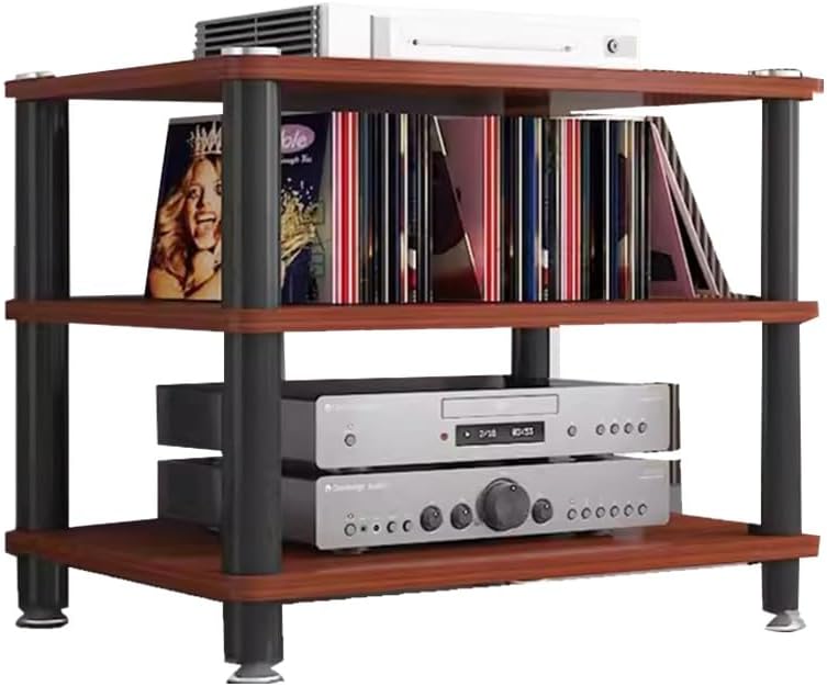 Modern 3-Tier Media Storage Cabinet Rack, Stylish Audio Tower Stand for TV & Stereo, Wood Media Organizer for Living Room, Entertainment Center (Red)