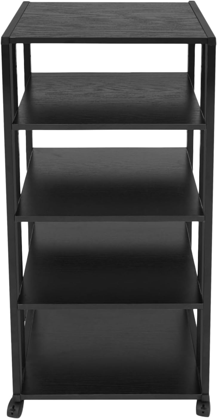 5-Tier Media Stand, Audio Rack Tower Stereo Cabinet with Wheels, CD Record Player Stand Speaker Display Rack with Adjustable Wooden Shelf for Home Theater Studio (Black)