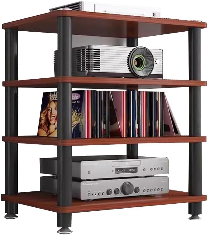 Modern Media Storage Cabinet Rack, 4-Tier Audio-Video Stand, Stylish Wood Stereo Tower for TV, DVD, Gaming - Contemporary Media Organizer (Red)