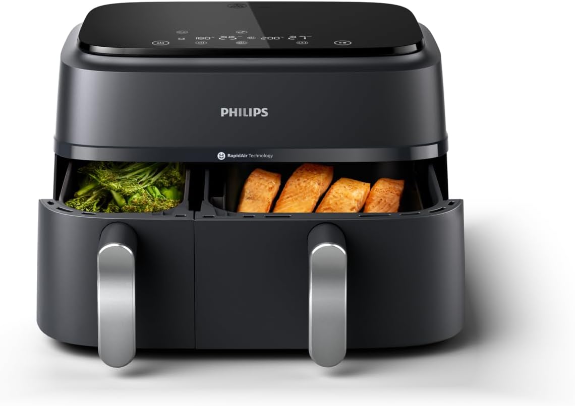 Philips Dual Basket Air Fryer 3000 Series — 8-in-1 functions, 9.5 Quarts Airfryer, 2 Drawers, Auto-sync Cooking Time, 90% Less Fat, Rapid Air Technology, HomeID App, Dishwasher Safe, Black (NA351/00)