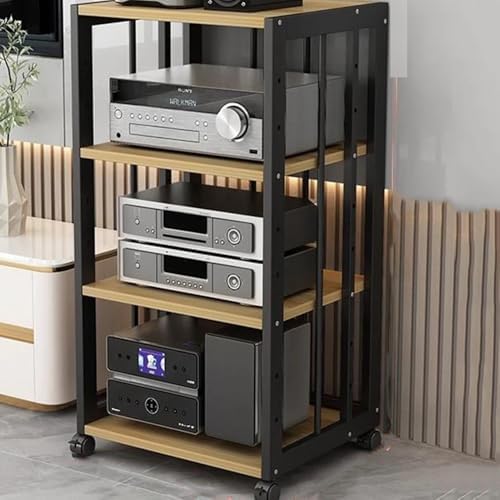 Audio Stand HiFi Rack 2 3 4 5 Tier Media Storage Cabinet with Brake Wheels, Movable Record Player, Game Equipment Console Shelf(Black+White,2 Tier)