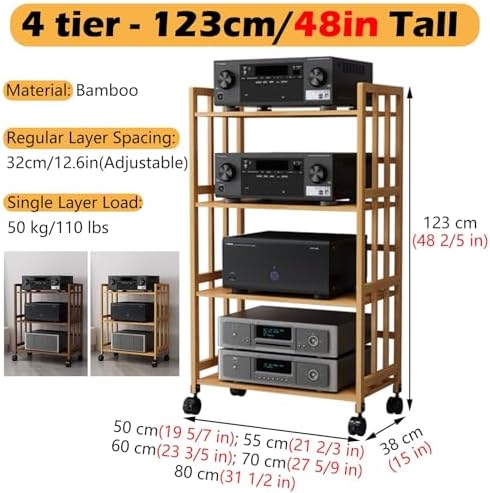 Adjustable Brown Wooden Audio Rack - 2 to 5 Tier Media Storage Stand for Home, Office, Theater - Modern Movable Stereo Cabinet with Versatile Shelves for DVDs, CDs, and Gaming Consoles