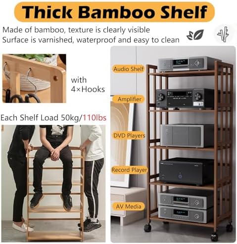 Adjustable 2 to 5 Tier Brown Wooden Audio Rack - Modern Media Storage Stand for Home, Office, Theater - Tall Movable Stereo Cabinet with Versatile Shelves for Maximum Organization