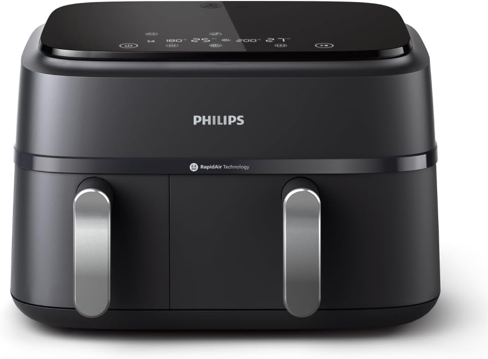 Philips Dual Basket Air Fryer 3000 Series — 8-in-1 functions, 9.5 Quarts Airfryer, 2 Drawers, Auto-sync Cooking Time, 90% Less Fat, Rapid Air Technology, HomeID App, Dishwasher Safe, Black (NA351/00)