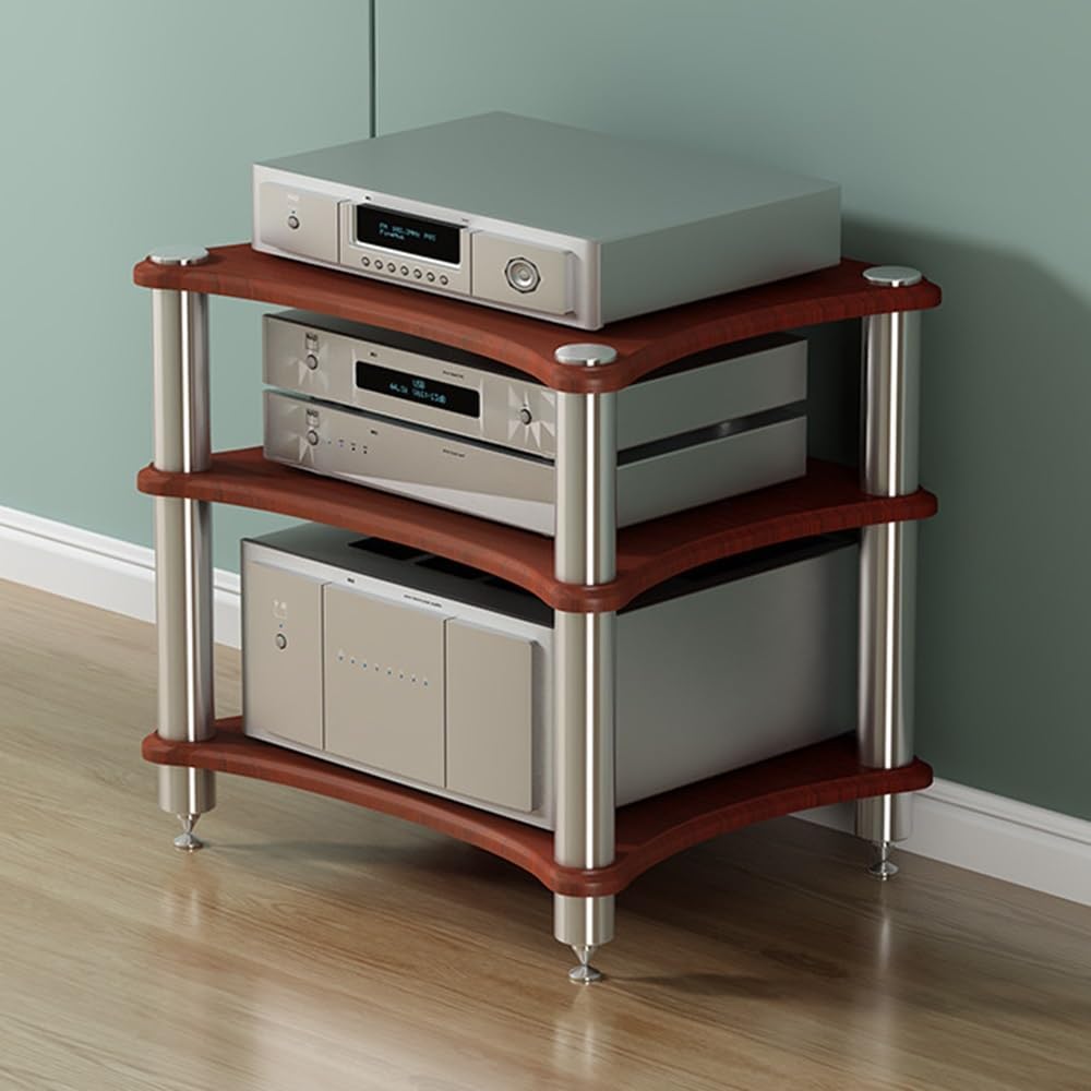 1 2 3 4 Tier AV Media Stand Component Cabinet Corner Shelf Wooden Stereo Cabinet Audio Rack Tower CD Player Stand for Home/Office/Audio Video/DJ/Theater ﻿ ﻿(Red Walnut,3 Tier-60x50x60cm)