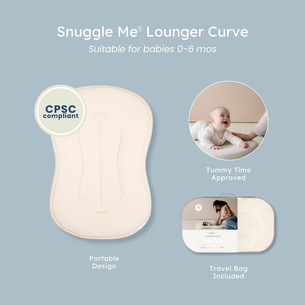 Snuggle Me® Baby Lounger Curve (0-6 Months) - Premium Organic Cotton with Foam Core, Machine-Washable Cover, Buttery-Soft & Breathable CSPC Compliant Infant Lounger Baby Nest with Travel Bag - Natural