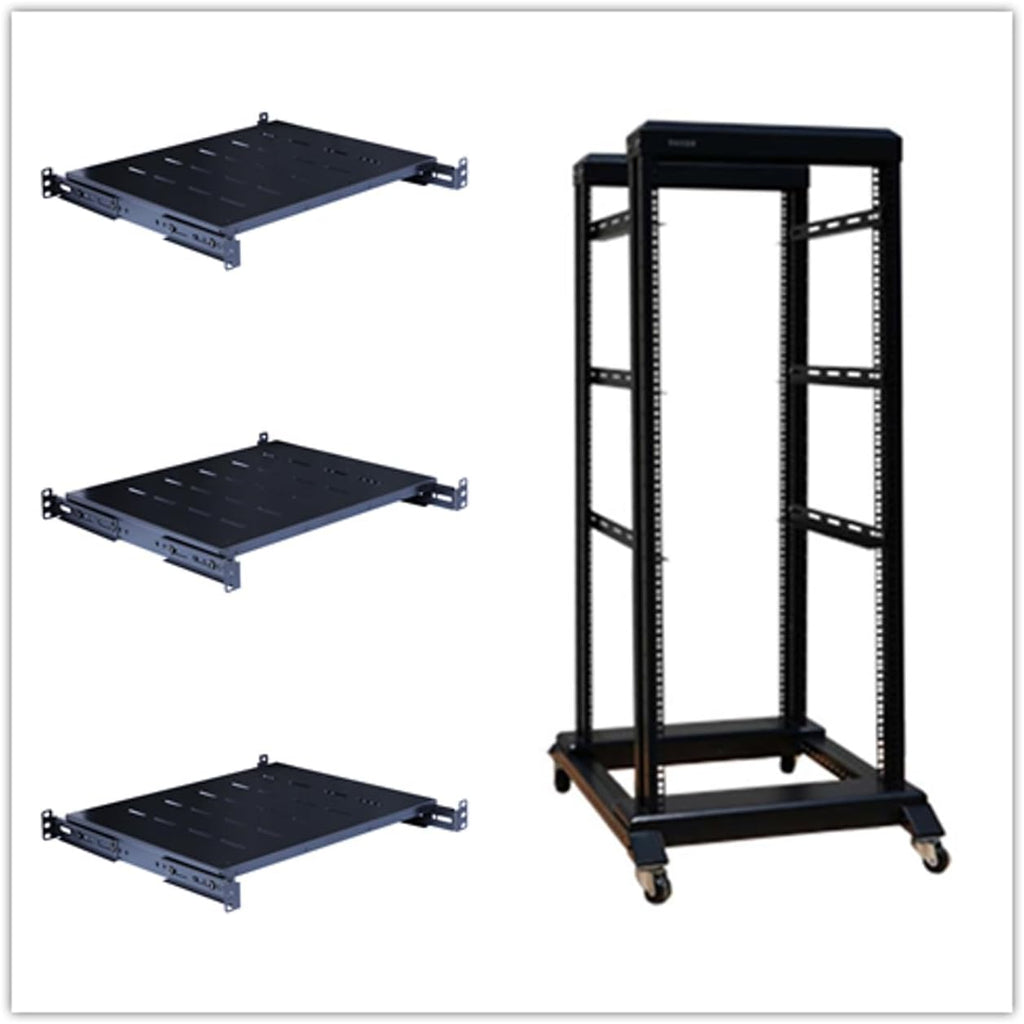 27U 4 Post Open Frame 19inch Server/Audio Steel Rack Deep from 16inch-24inch with Fixed Shelves