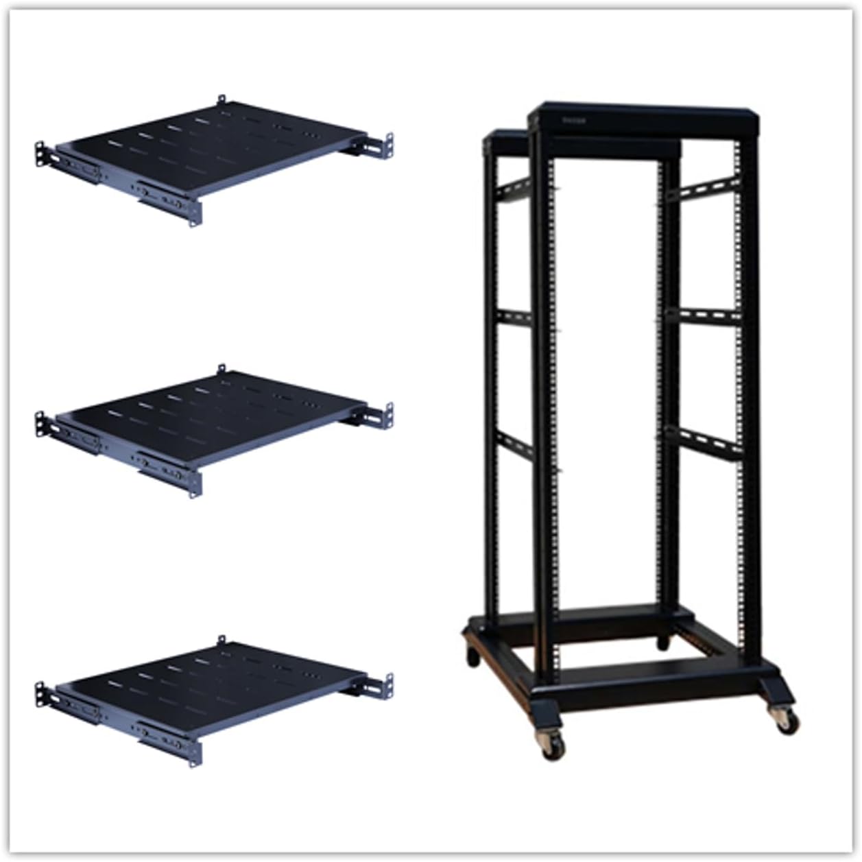 27U 4 Post Open Frame 19inch Server/Audio Steel Rack Deep from 16inch-24inch with Fixed Shelves