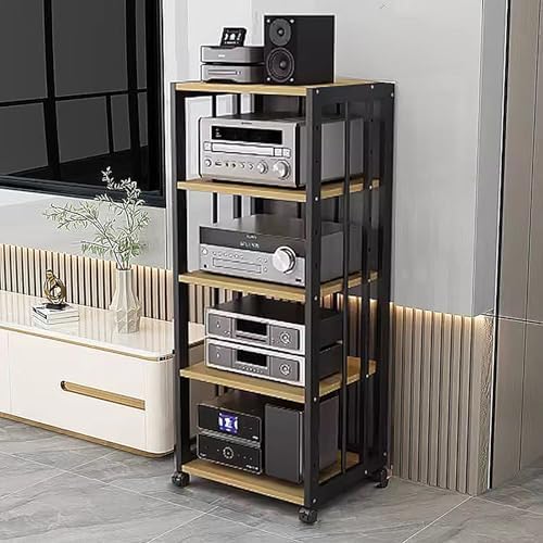 Heavy Duty AV Media Stand on Wheels - 5-Tier Adjustable Audio Rack for Home Theater, Entertainment Systems & Stereo Components - Sturdy Floor-Standing Storage Solution