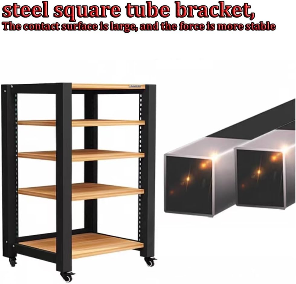 Movable HiFi Audio Rack Adjustable AV Media Components Cabine Stand with Wheels, Heavy Duty Amplifier Storage Cabinet Stereo Shelf Organizer(Teak,3-Tier)
