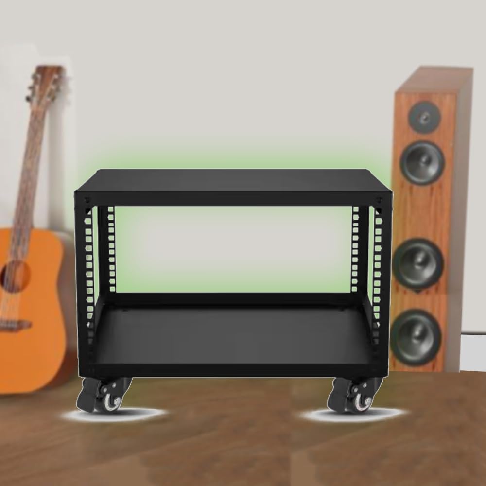 Heavy Duty Audio Rack on Wheels – Adjustable Metal Media Storage Cabinet for Home Theater & HiFi Equipment, Sturdy Console Shelf Organizer, Black, H28cm