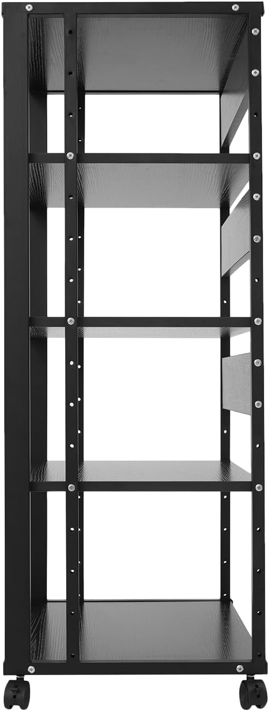 5 Tier Media Stand for Audio/Video, CD & Record Player Storage Cabinet with Lockable Wheels, AV Equipment Display Rack, 110 lbs Capacity, Stylish Black Tower for Living Room
