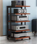 6-Tier Black Av Shelf Rack - Media Stand with Rolling Wheels Space-Saving Corner Design Open Shelves for Home Theater Audio Equipment & Entertainment System-Black+Teak-5 Tier