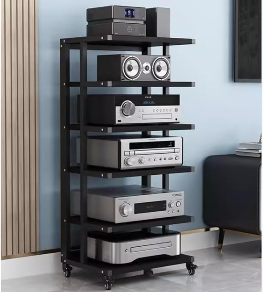 5-Tier Mobile Audio Stand with Wheels - Rolling HiFi Rack for Stereo Components & Av Equipment Storage Adjustable Height Durable Design for Home & Studio Use-Black-6 Tier