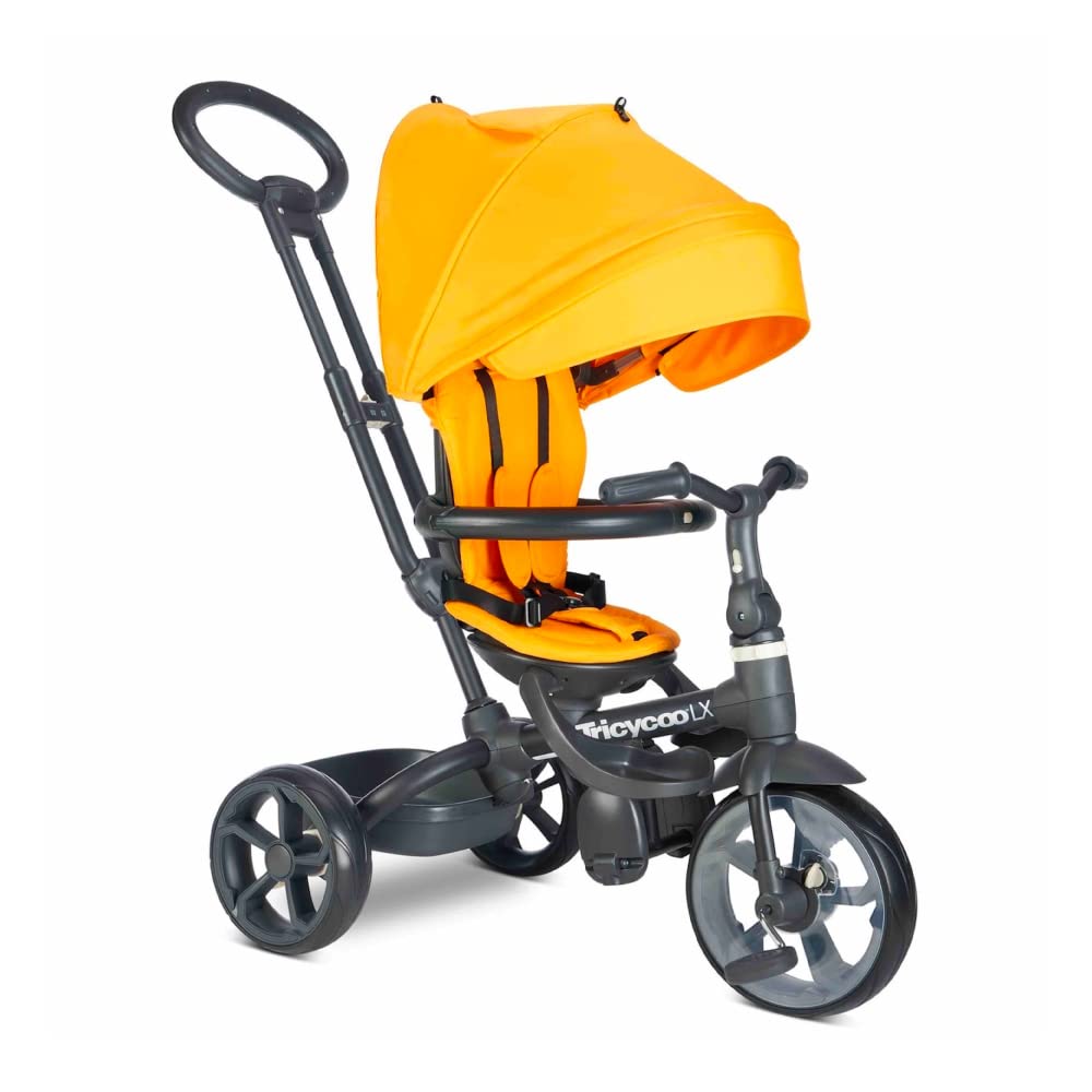 Joovy Tricycoo LX Premium Kids Tricycle with 8 Stages Featuring Chunky Front Tire, Removable and Adjustable Parent Handle, Safety Harness, Machine-Washable Seat Pad, and Retractable Canopy, Zinnia