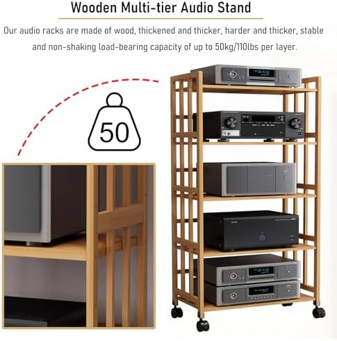 Modern 4-Tier Rolling Hi-Fi Stereo Stand for Audio Equipment Media Devices & Home Theater - Sturdy Stylish Storage Solution with Wheels