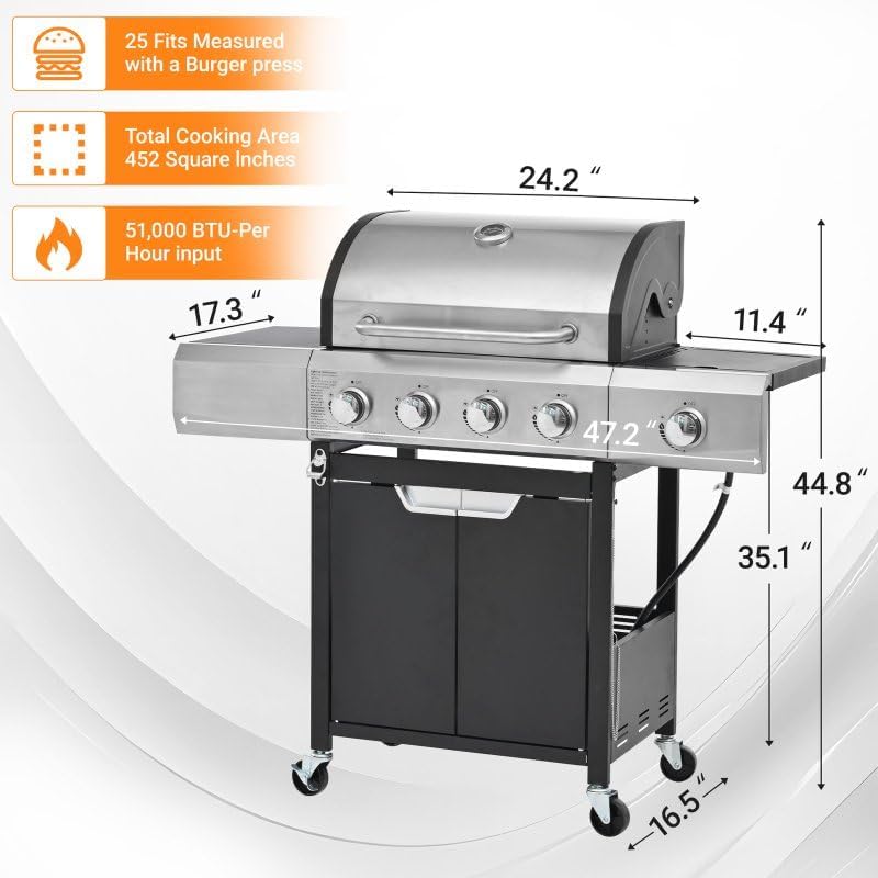 Endark Upgraded 51,000 BTU Gas Grill, 4-Burner BBQ Grill with Side Burner – Ideal for Camping, Outdoor Cooking, and Gatherings