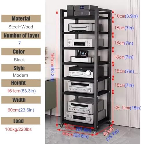 Height-Adjustable HiFi Stand with Wheels - Open Audio Equipment Rack 4-7 Tier Heavy Duty Media Storage Cabinet for DVDs and Hi-Fi Systems-Black-#1-7 tier-60cm Wide