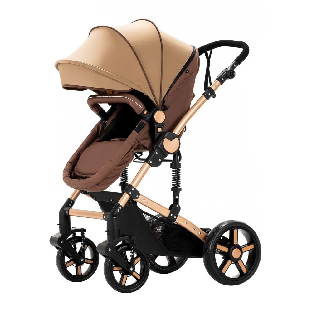 2 in 1 Baby Stroller,Convertible Infant Stroller for Newborn and Toddler with Triangular Frame & Dual Spring Suspension,One-Click Folding(Khaki)