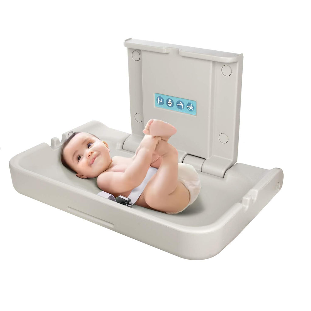 Wall Mounted Baby Changing Station, Horizontal Fold-Down Diaper Changing Table with Safety Strap, HDPE Surface, Dual Bag Hooks & Built-in Liner Dispensers for Commercial Restrooms (White Granite)