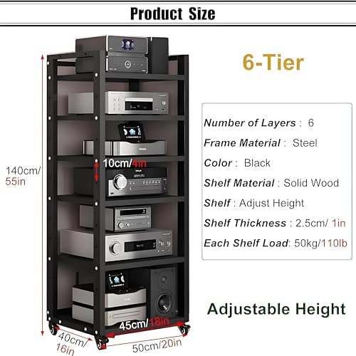 Rolling Av Media Stand with Lockable Wheels Storage Shelves & Component Cabinet for Home Office & Theater - Black Audio/Video Rack for Stereo Equipment