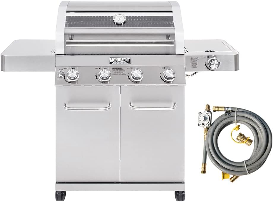 Monument Grills Larger Convertible 4-Burner Natural Gas Grill Stainless Steel Cabinet Style Propane Grills with Conversion Kit(2 Items)
