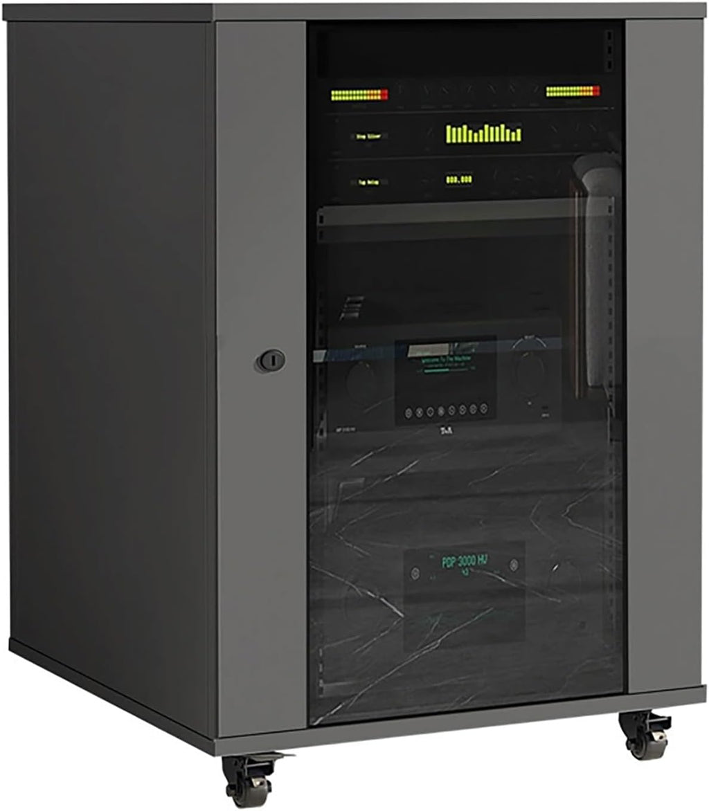 Gray AV Stereo Cabinet, Movable Media Storage Stand, Adjustable Audio Rack with Glass Doors, Media Storage for TV & Audio Equipment, 56x57x83cm
