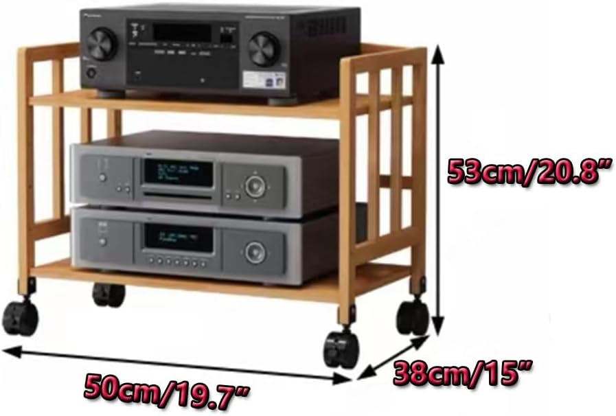 Adjustable 5Tier Wooden HiFi Audio Rack On Wheels – Movable Media Storage Cabinet for Audio/Video Equipment Stylish Brown Finish Perfect for Home Theater Setup,Wood Color,2,Tier