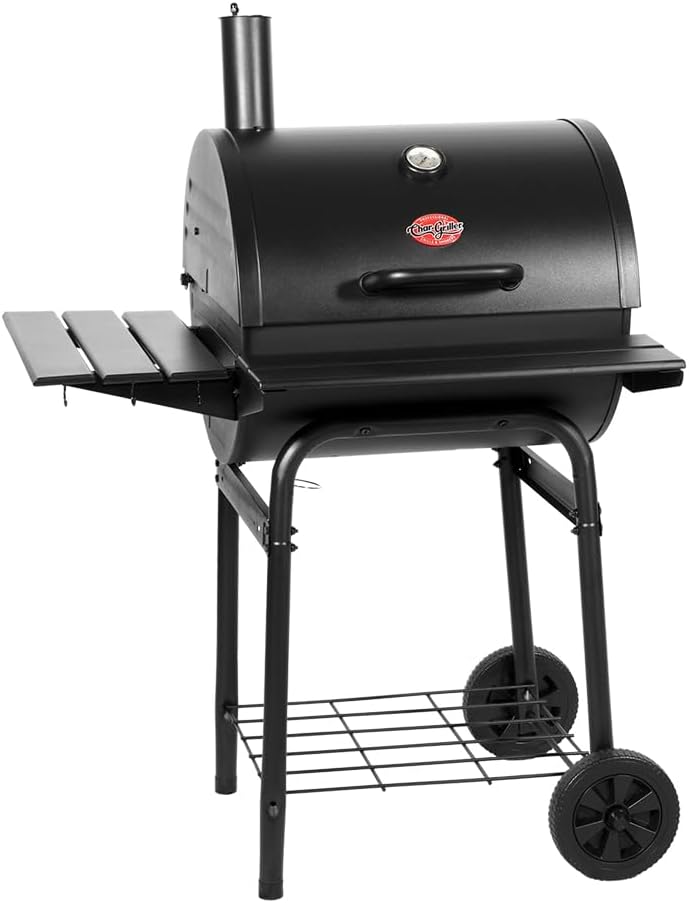 Char-Griller® Wrangler® Charcoal Grill in Black with Metal Shelves, EasyDump™ Ash Pan, Premium Wood Front and Side Shelves with Utensil Hooks, 640 Cooking Square Inches in Black, Model 2823