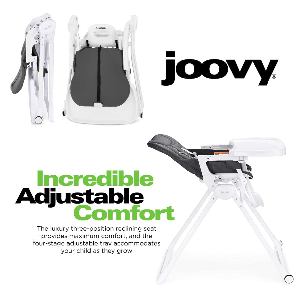 Joovy Nook NB High Chair Featuring Four-Position Adjustable Swing Open Tray, 3-Position Reclining Seat, and Front Wheels for Added Mobility - Folds Down Flat for Easy Storage, Jet