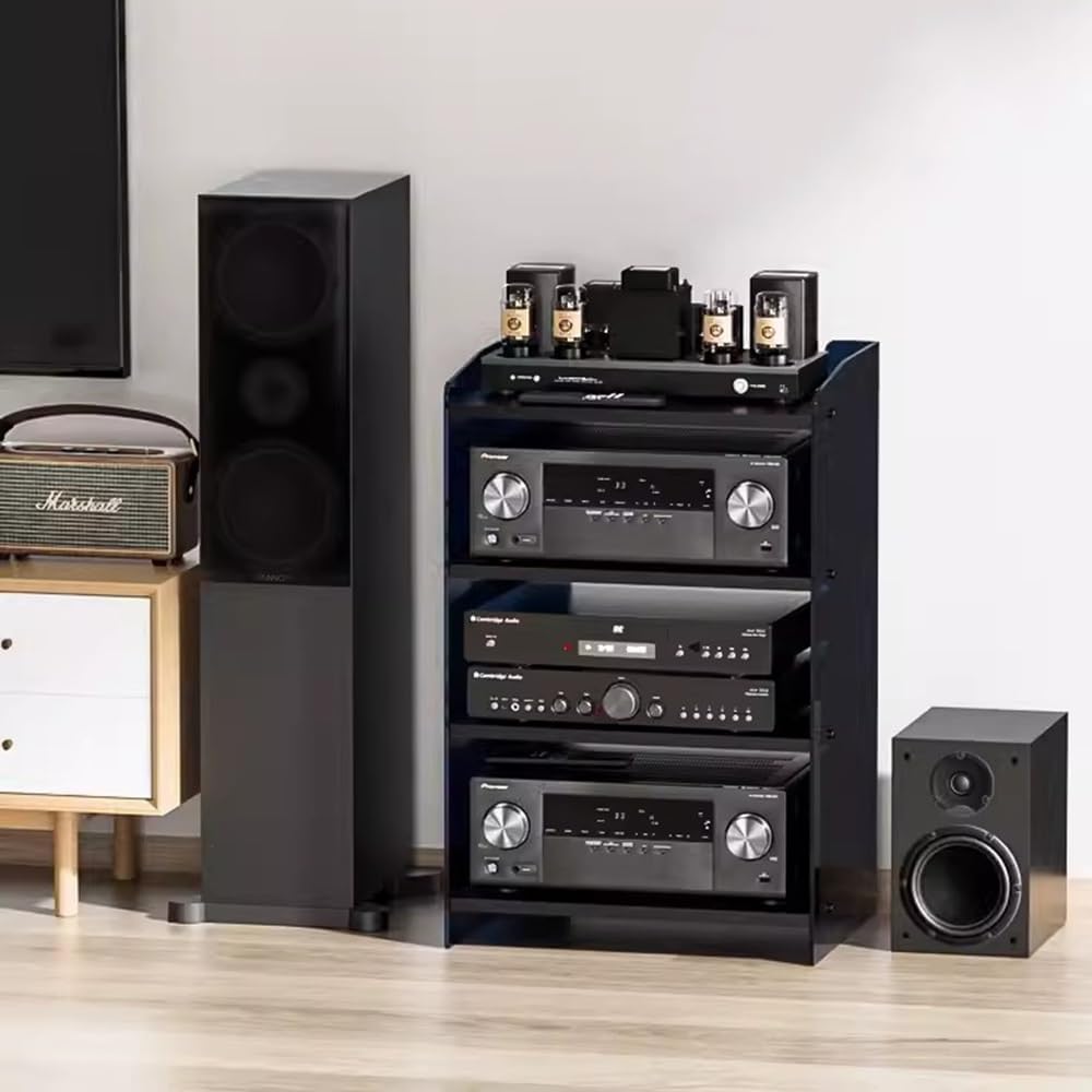 Modern Media Storage Cabinet with Adjustable Shelves - 3-Tier Audio Video Stand for Record Players & Stereo Components - Stylish Acrylic & Wood AV Rack for Home Entertainment