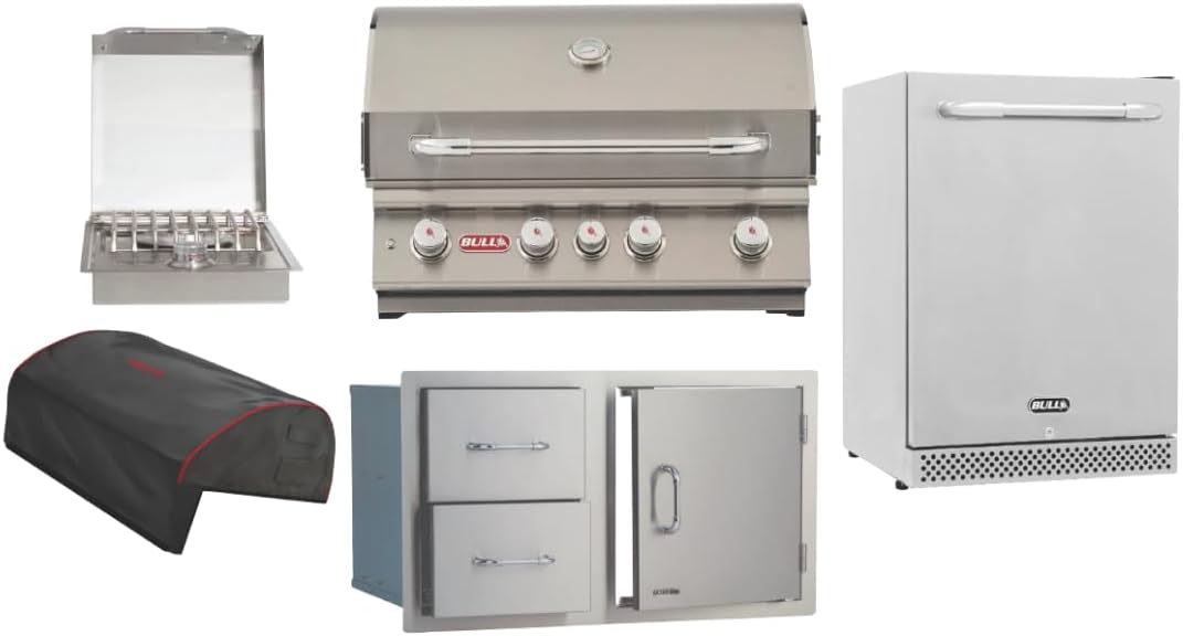 Bull Outdoor Products 30-Inch Outdoor Kitchen Bundle – Angus 75,000 BTU Built-In Grill Head, Grill Cover, Door & 2 Drawer Combo with Reveal, Glass Door & Contemporary Refrigerators – NG