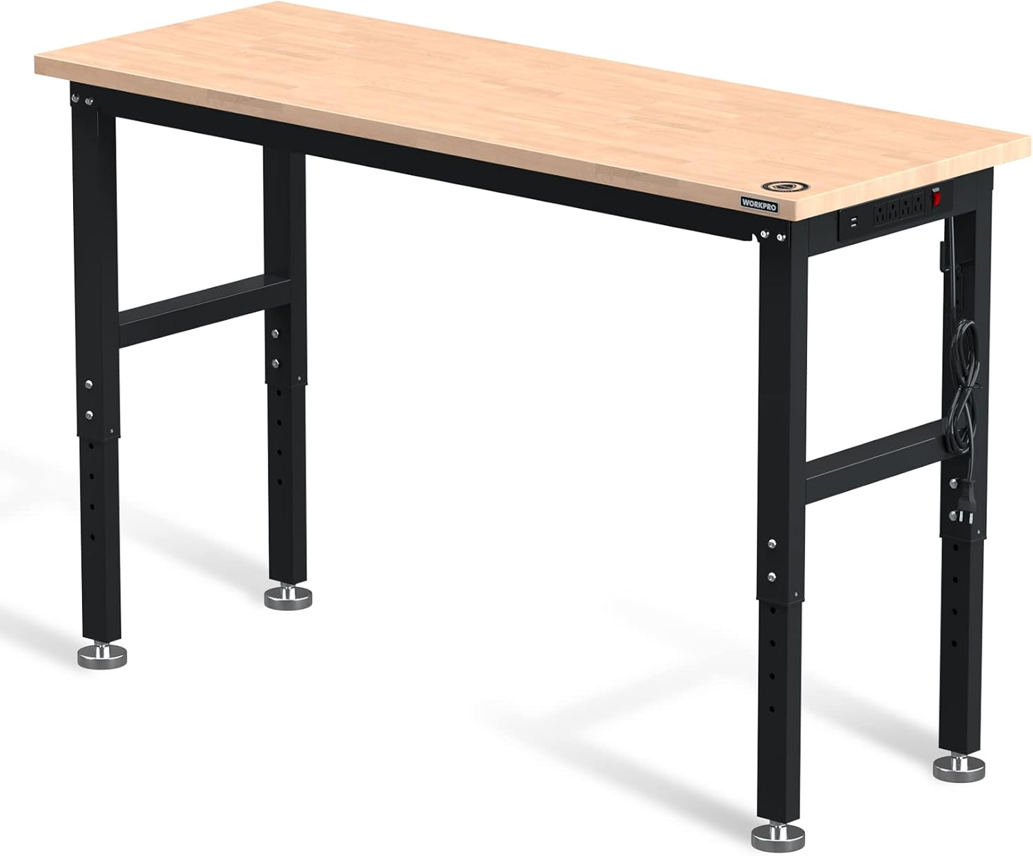 WORKPRO 60' Adjustable Workbench, Rubber Wood Top Heavy-Duty Workstation, 2000 LBS Load Capacity Hardwood Worktable with Power Outlets, for Workshop, Garage