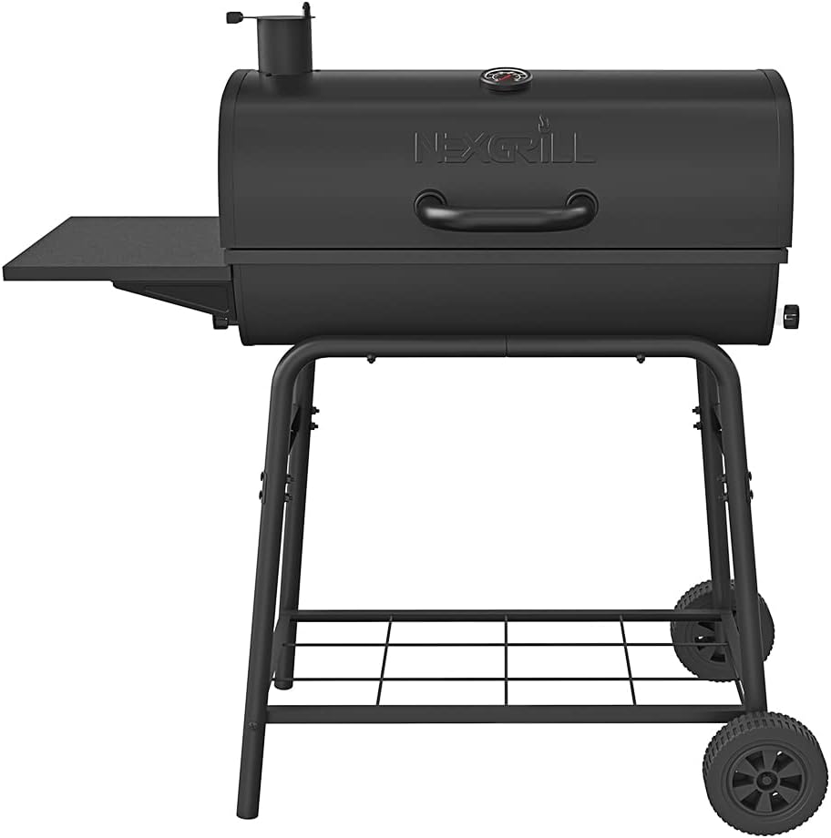 Nexgrill Premium 29' Charcoal Grill with Side Shelf, 552 SQ In Cooking Space, Adjustable Charcoal Tray, Chimney Air Vent, Warming Rack, Barrel Smoker Grill for Camping, Picnics, and More - 810-0029C