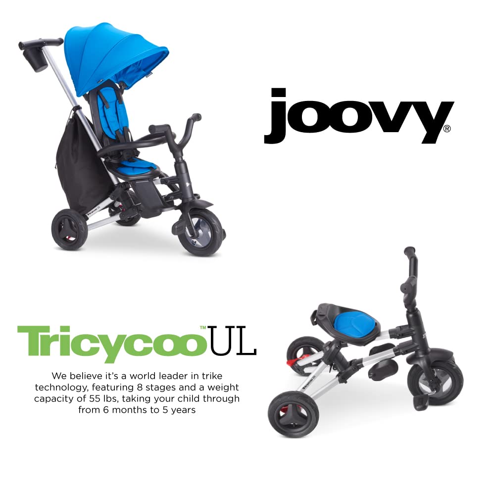 Joovy Tricycoo UL Kids Tricycle with 8 Stages Featuring 3 Rubber Tires, Removable and Adjustable Parent Handle, Safety Harness, 3-Position Recline Seat, and Retractable Canopy, Blueness