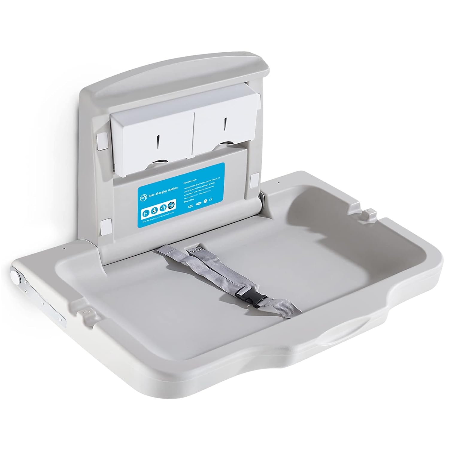 Baby Changing Station Wall Mounted, Baby Changing Table with Safrty Strap, HDPE Fold-Down Diaper Changing Station Table, Foldable Diaper Changing Unit for Commercial Bathroom Restroom