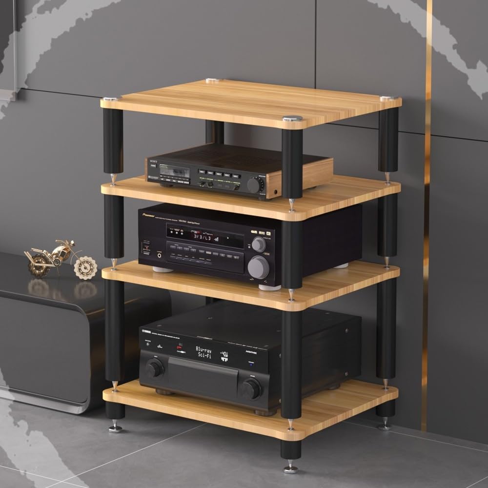 HiFi Rack 3 Tier AV Media Stand Wood Shelf, Audio Tower, Record Player Stand Stereo Cabinet, Media Console Storage Shelf, Audio Video Components(Walnut,4-Tier(60x48x80cm))
