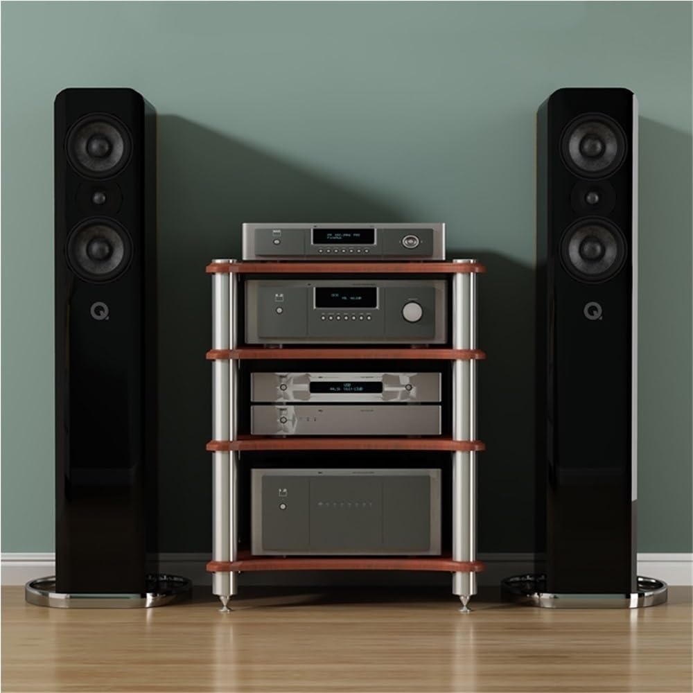 Audio Rack, Stereo Cabinet for Record Player, AV Media Stand with Metal Frame, Media Audio Tower Cabinet for DVD Players, Corner Entertainment Center(Black,4-Tier)