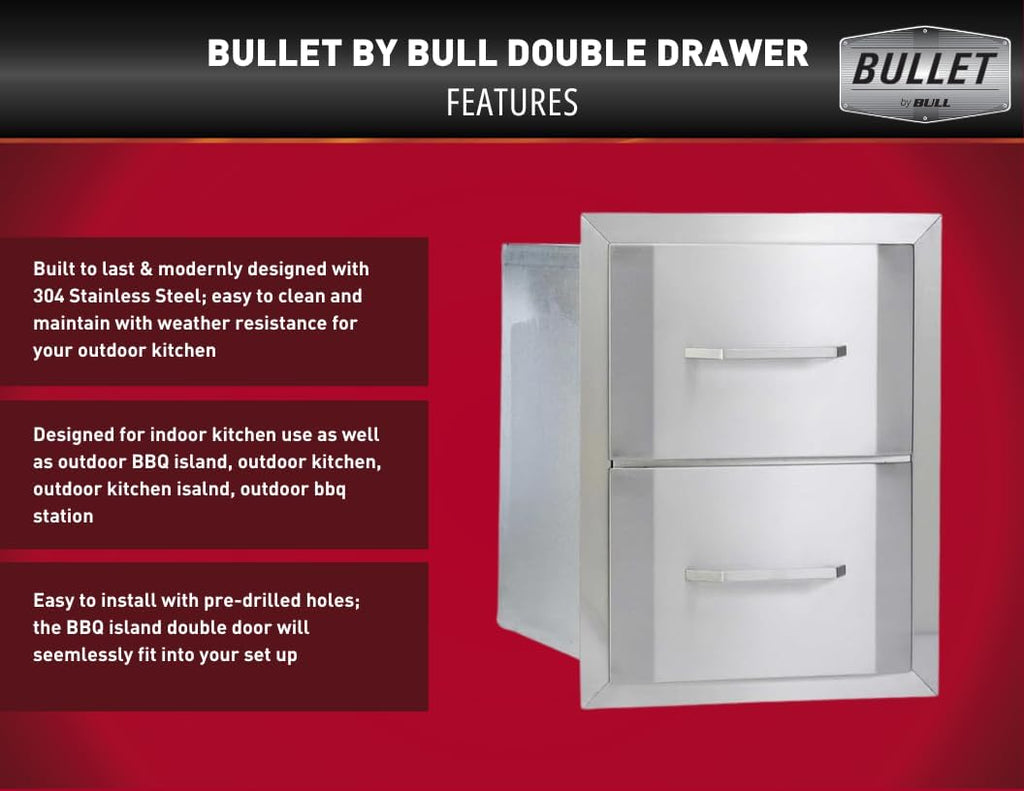 Bullet by Bull Stainless Steel Outdoor Kitchen Grill Set - Built-In Natural Gas Grill -BBQ Kitchen Island Bundle - Includes 5 Burner Grill, Double Access Door & Double Storage Drawer