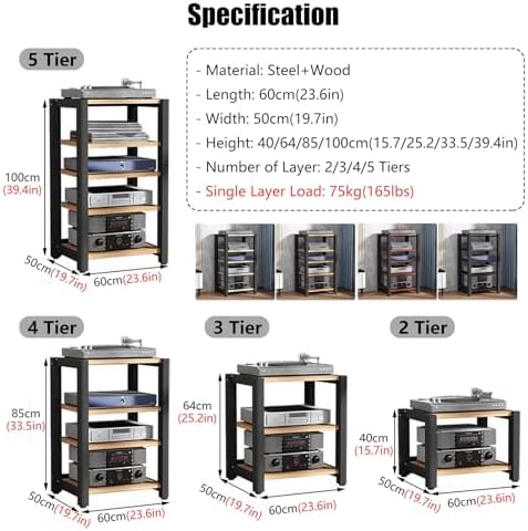 5-Tier Audio Equipment Rack Cabinet, Media Stand for AV Components, Stereo Tower with Non-Slip Feet & Vertical Printer Holder, Light Grey, 64cm Height